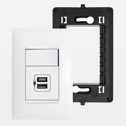 Conjunto 4x2 c/ 1 Interruptor Simples com LED 10A + 1 Carregador USB-C+A 3A PIAL Plus+