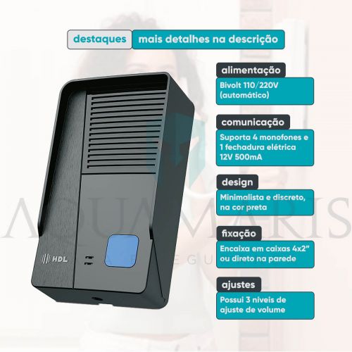 Kit Interfone c/ Fechadura El�trica Compacta C90 Mini Preta HDL Audio Class