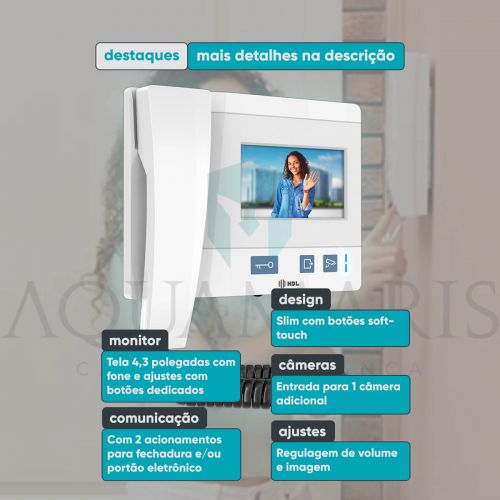 Kit V�deo Porteiro c/ 2 Monitores 4.3" + Fechadura Compacta C90 Mini Preta HDL Video Class