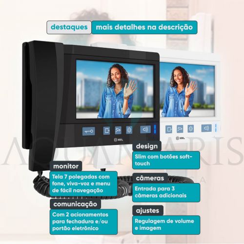 Kit V�deo Porteiro c/ Monitor 7" + Fechadura Compacta C90 Mini Preta HDL V�deo Advance