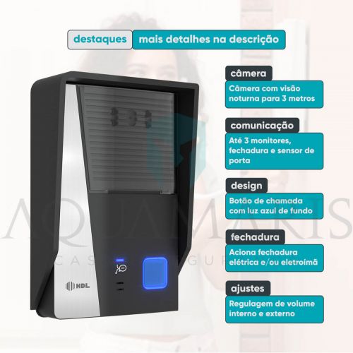 Kit V�deo Porteiro c/ Monitor 7" + Fechadura Compacta C90 Mini Preta HDL V�deo Advance