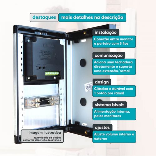 Kit V�deo Porteiro Coletivo 3 Pontos HDL Connect WiFi c/ Monitor Touchscreen 7" + C�mera + Bot�es