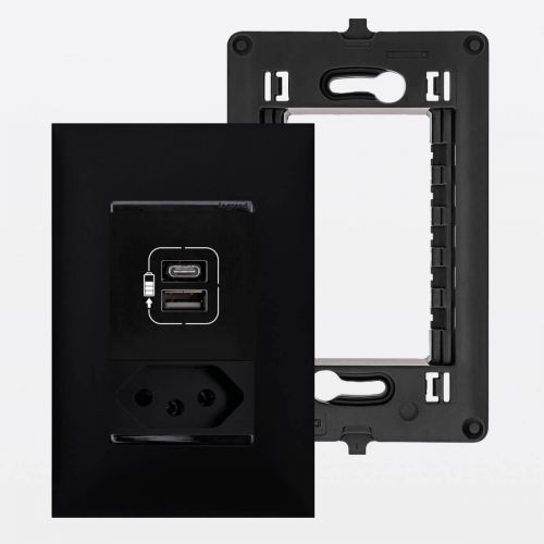 Conjunto Tomada USB Tipo A+C + Tomada 20A 4x2 PIAL Plus+ Preto