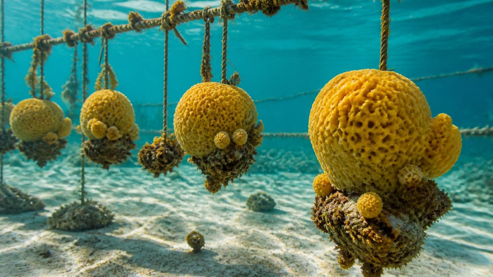 Esponjas-do-mar crescendo em cultivo no fundo do mar