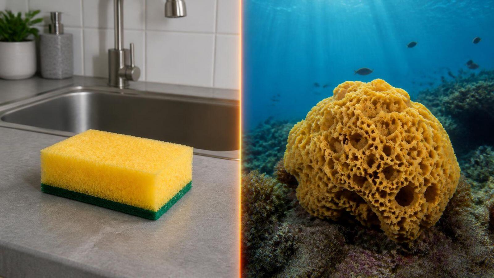 Esponja de cozinha amarela ao lado de uma esponja-do-mar amarela no fundo do mar