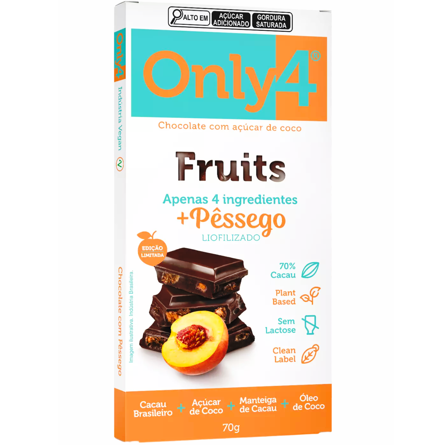 Chocolate Only4 70% Pêssego Liofilizado Tudo Zero Leite 70g