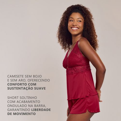 Pijama Short Doll Orquídea Em Poliamida e Renda Sem Bojo