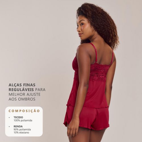 Pijama Short Doll Orquídea Em Poliamida e Renda Sem Bojo