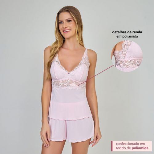 Pijama Short Doll Orquídea Em Poliamida e Renda Sem Bojo