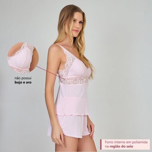 Pijama Short Doll Orquídea Em Poliamida e Renda Sem Bojo