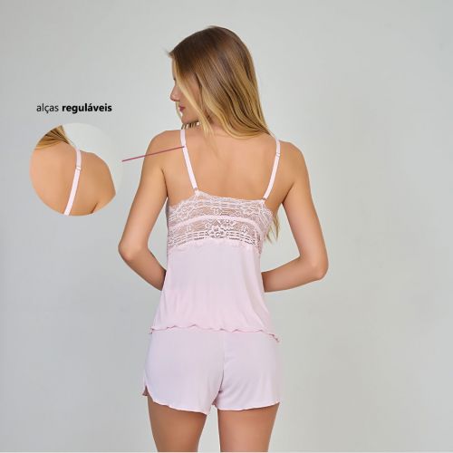 Pijama Short Doll Orquídea Em Poliamida e Renda Sem Bojo