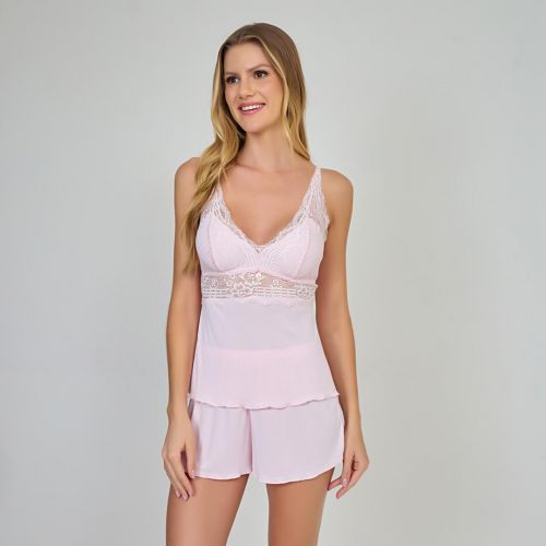 Pijama Short Doll Orquídea Em Poliamida e Renda Sem Bojo