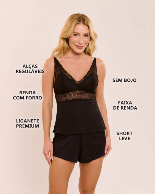 Pijama Short Doll Orqu�dea Em Poliamida e Renda Sem Bojo