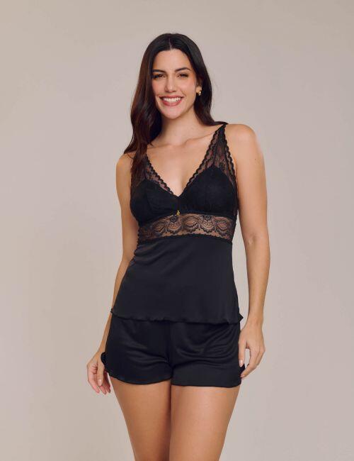 Pijama Short Doll Orquídea Em Poliamida e Renda Sem Bojo
