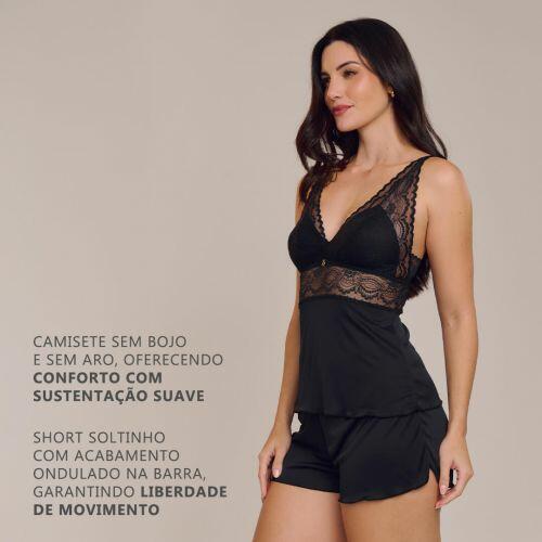 Pijama Short Doll Orquídea Em Poliamida e Renda Sem Bojo