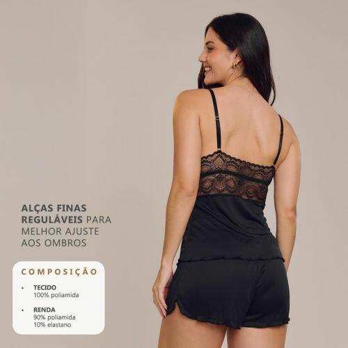 Pijama Short Doll Orquídea Em Poliamida e Renda Sem Bojo