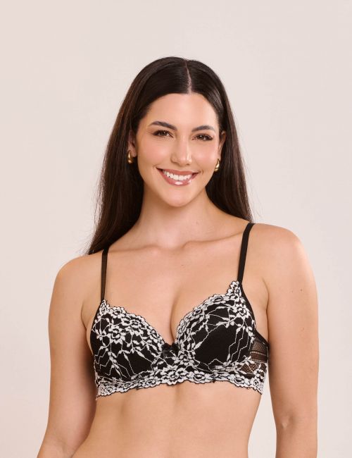 Conjunto Yasmin de Calcinha e Sutiã Com Bojo e Aro Em Renda Bicolor