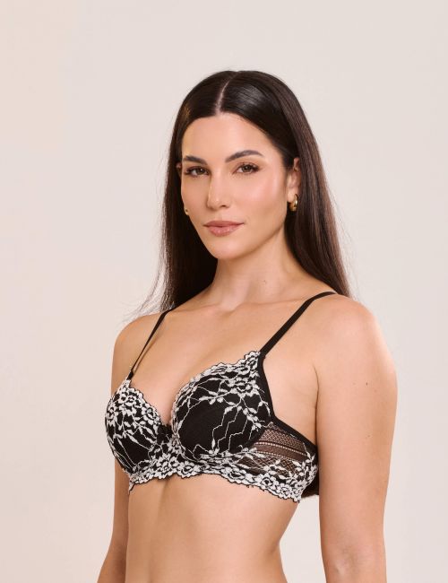 Conjunto Yasmin de Calcinha e Sutiã Com Bojo e Aro Em Renda Bicolor