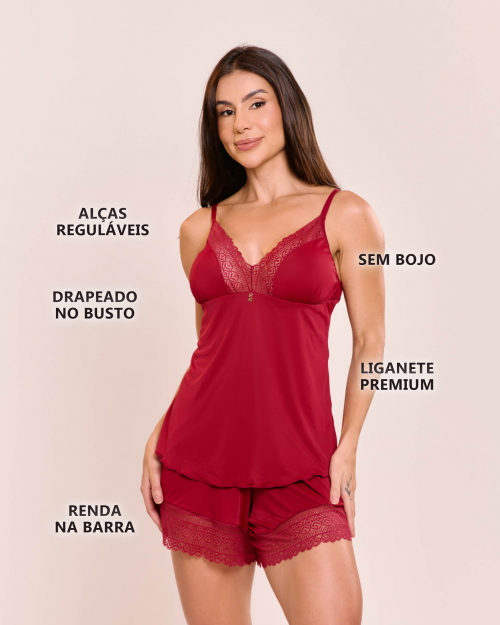 Pijama Short Doll Marisa Em Poliamida e Renda Sem Bojo