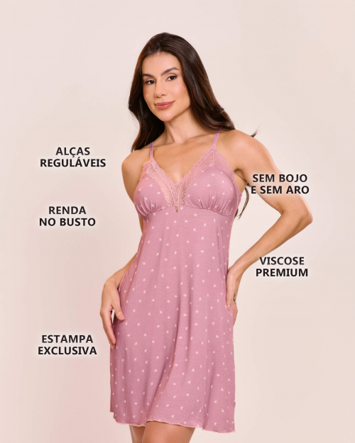 Camisola Nina Em Viscose Estampada Sem Bojo
