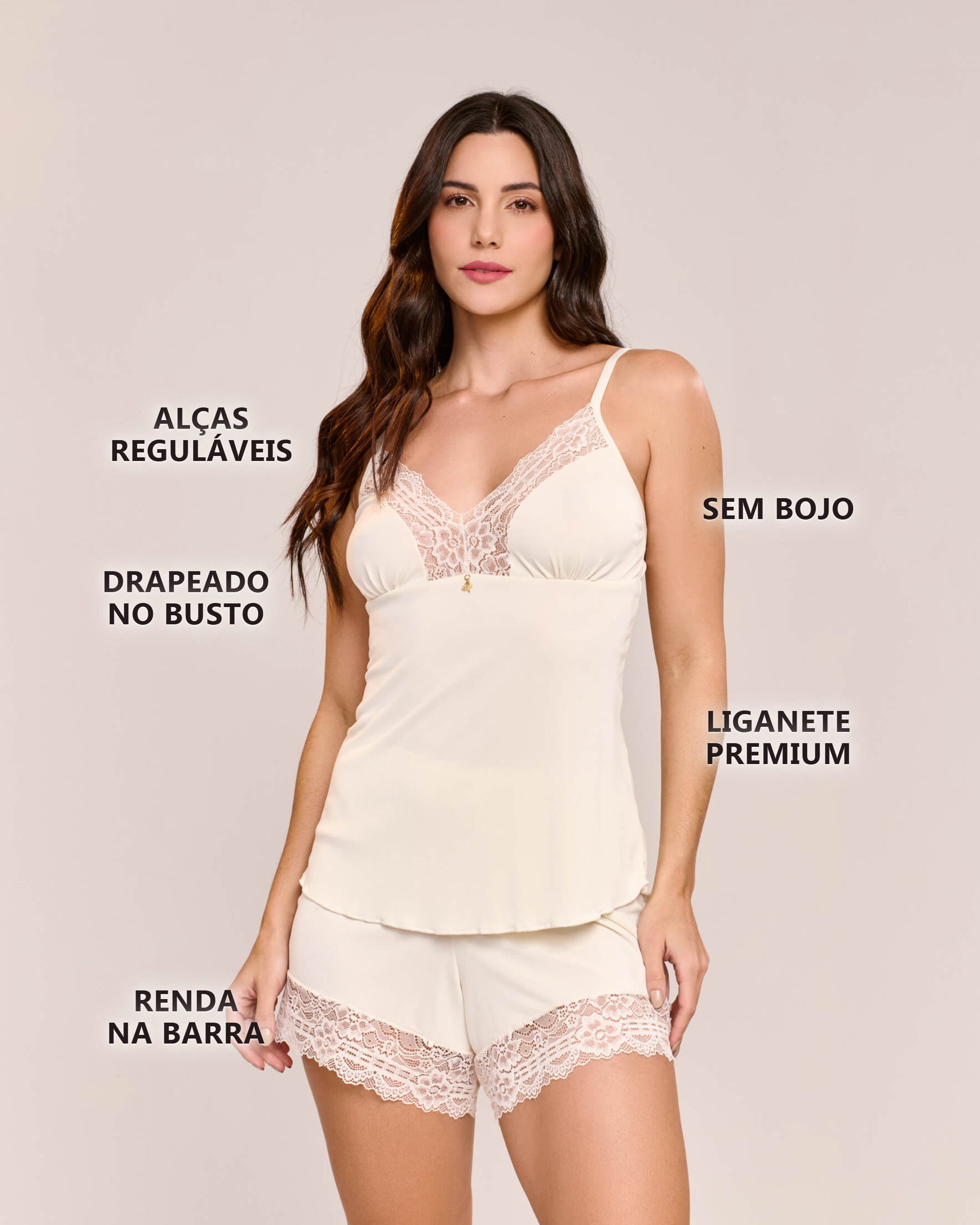 Pijama Short doll Marisa em Liganete de Poliamida e Renda