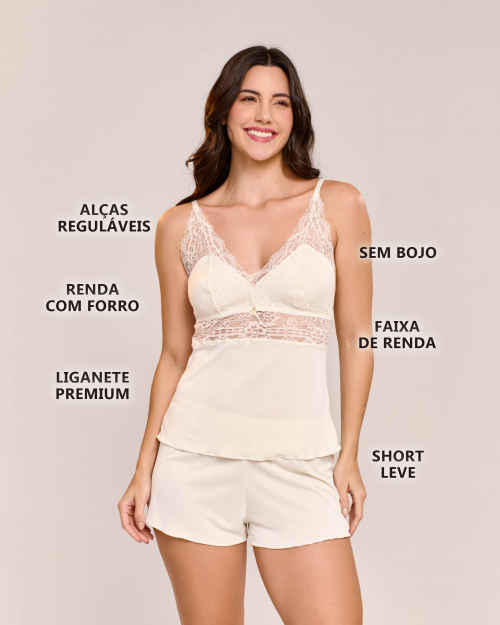 Pijama Short Doll Orquídea Em Poliamida e Renda Sem Bojo