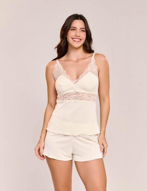 Pijama Short Doll Orquídea Em Poliamida e Renda Sem Bojo