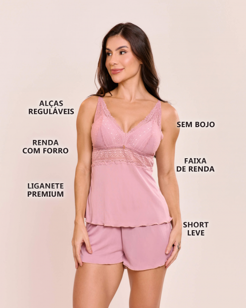 Pijama Short Doll Orqu�dea Em Poliamida e Renda Sem Bojo