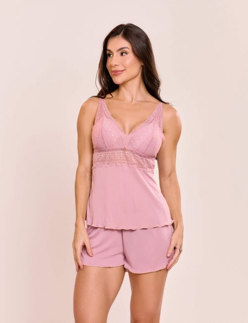 Pijama Short Doll Orqu�dea Em Poliamida e Renda Sem Bojo