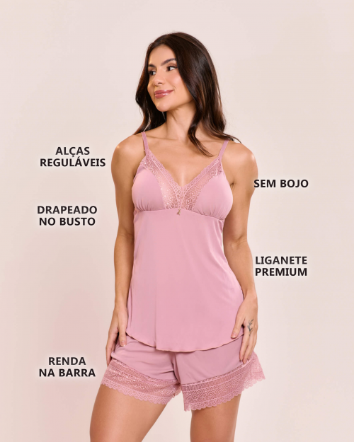 Pijama Short doll Marisa em Liganete de Poliamida e Renda