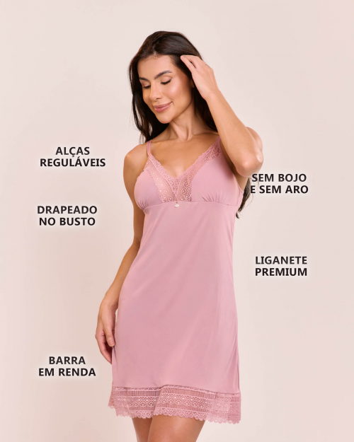 Camisola Marisa em Liganete Poliamida e Renda Sem Bojo