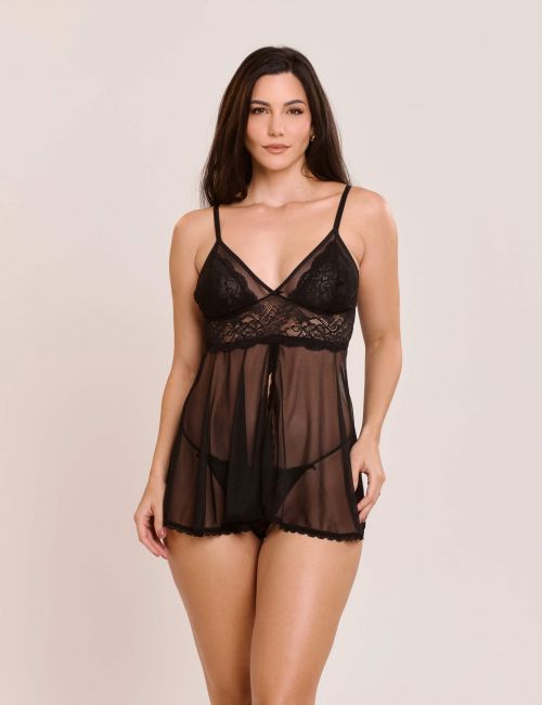 Combinete Yane em Tule Sem Bojo e Aro Com Abertura Frontal - com calcinha