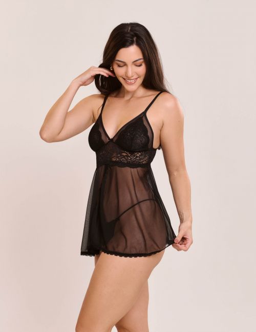 Combinete Yane em Tule Sem Bojo e Aro Com Abertura Frontal - com calcinha