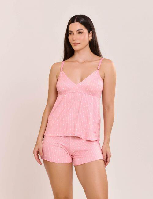 Pijama Short doll Suzane em Suede Estampado e Sem Bojo