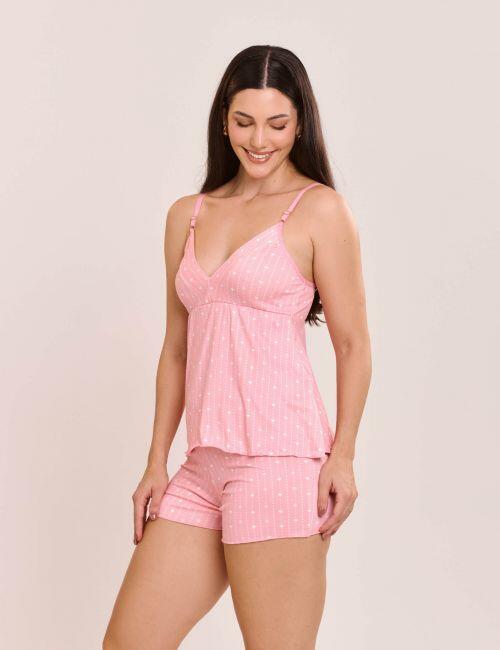 Pijama Short doll Suzane em Suede Estampado e Sem Bojo