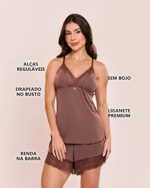 Pijama Short doll Marisa em Liganete de Poliamida e Renda