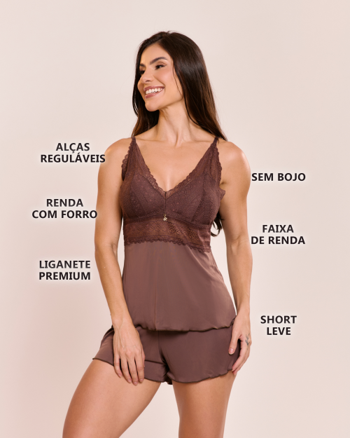 Pijama Short Doll Orqu�dea em Liganete de Poliamida e Renda Sem Bojo