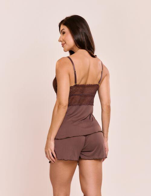Pijama Short Doll Orqu�dea em Liganete de Poliamida e Renda Sem Bojo