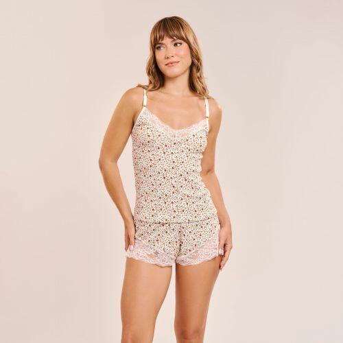 Short Doll Thais Sem Bojo Canelado com Estampa e Renda
