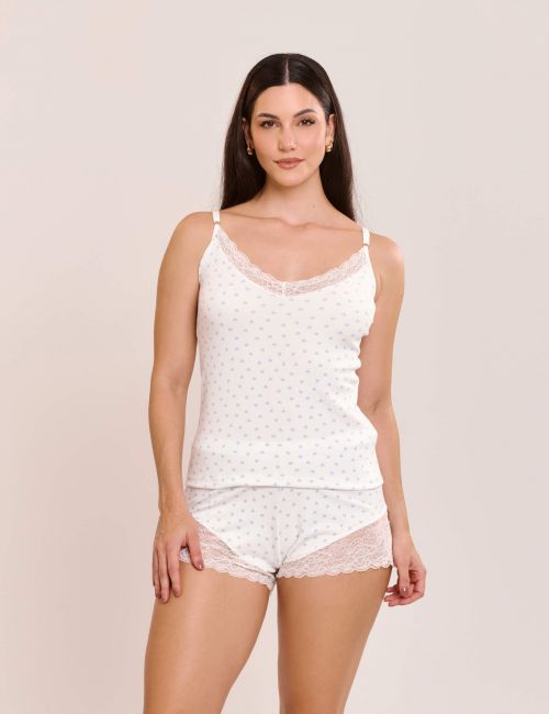 Pijama Short Doll Thais Sem Bojo Canelado com Estampa e Renda
