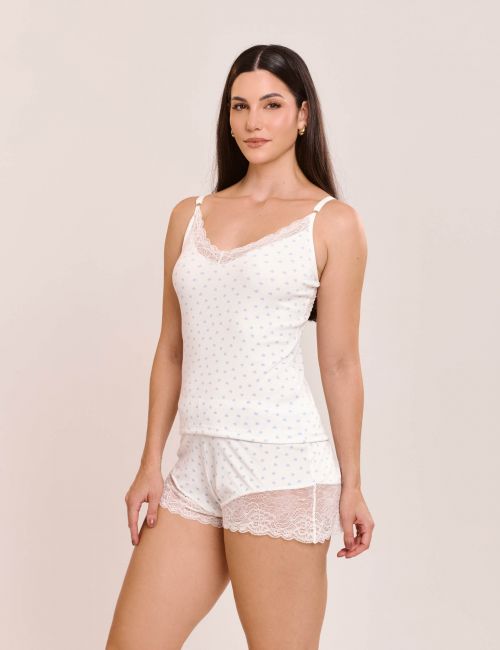 Pijama Short Doll Thais Sem Bojo Canelado com Estampa e Renda
