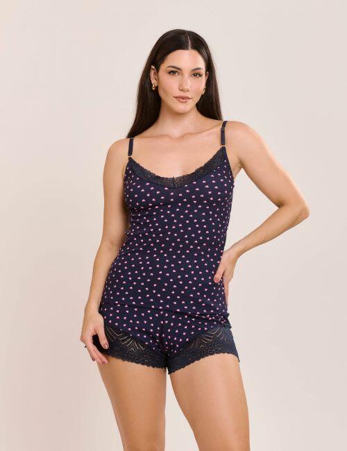 Pijama Short Doll Thais Sem Bojo Canelado com Estampa e Renda