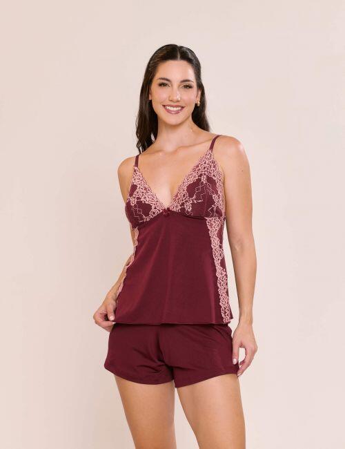 Pijama Short Doll Mirela em Liganete e Renda Bicolor sem Bojo