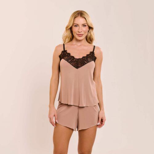 Pijama Short Doll Jade em Liganete de Poliamida e Renda Sem Bojo