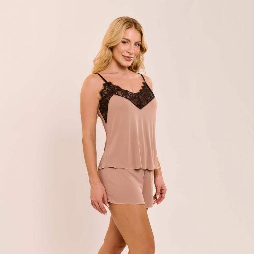 Pijama Short Doll Jade em Liganete de Poliamida e Renda Sem Bojo