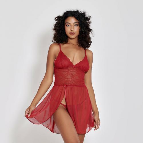 Camisola Andreza Em Tule e Renda Com Fenda Frontal - Com Calcinha