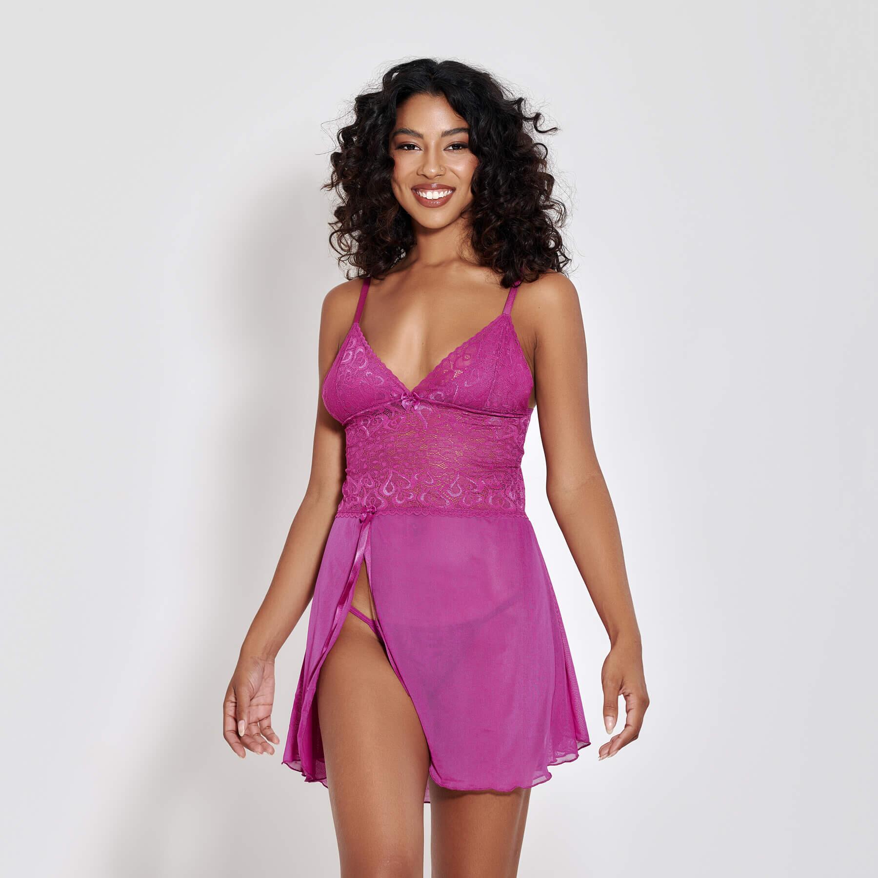 Camisola Andreza Em Tule e Renda Com Fenda Frontal - Com Calcinha
