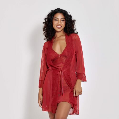 Kit Amore Camisola e Robe Em Tule Com Detalhes Em Renda