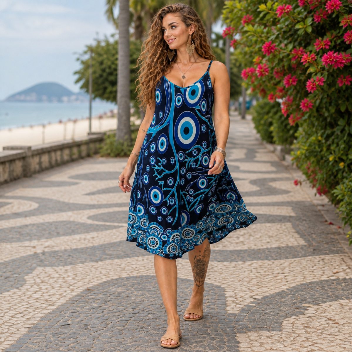 Vestido Indiano Estilo Trapézio Alças Finas Olho Grego Plus