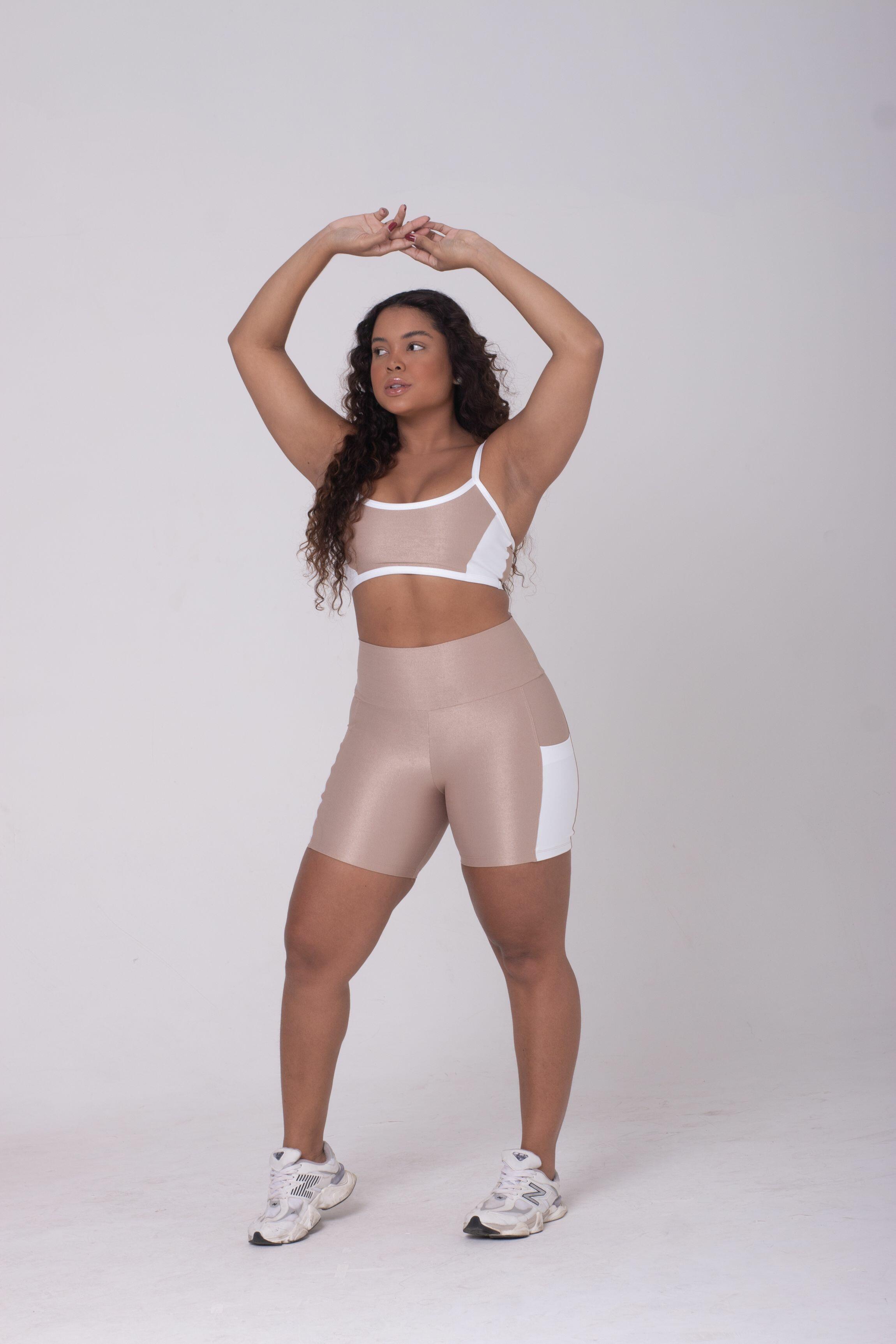【HerPraha】Quilted lingerie short pt Comprar Bermuda Bolso Compressão + Top Elisa Bicolor Cappuccino